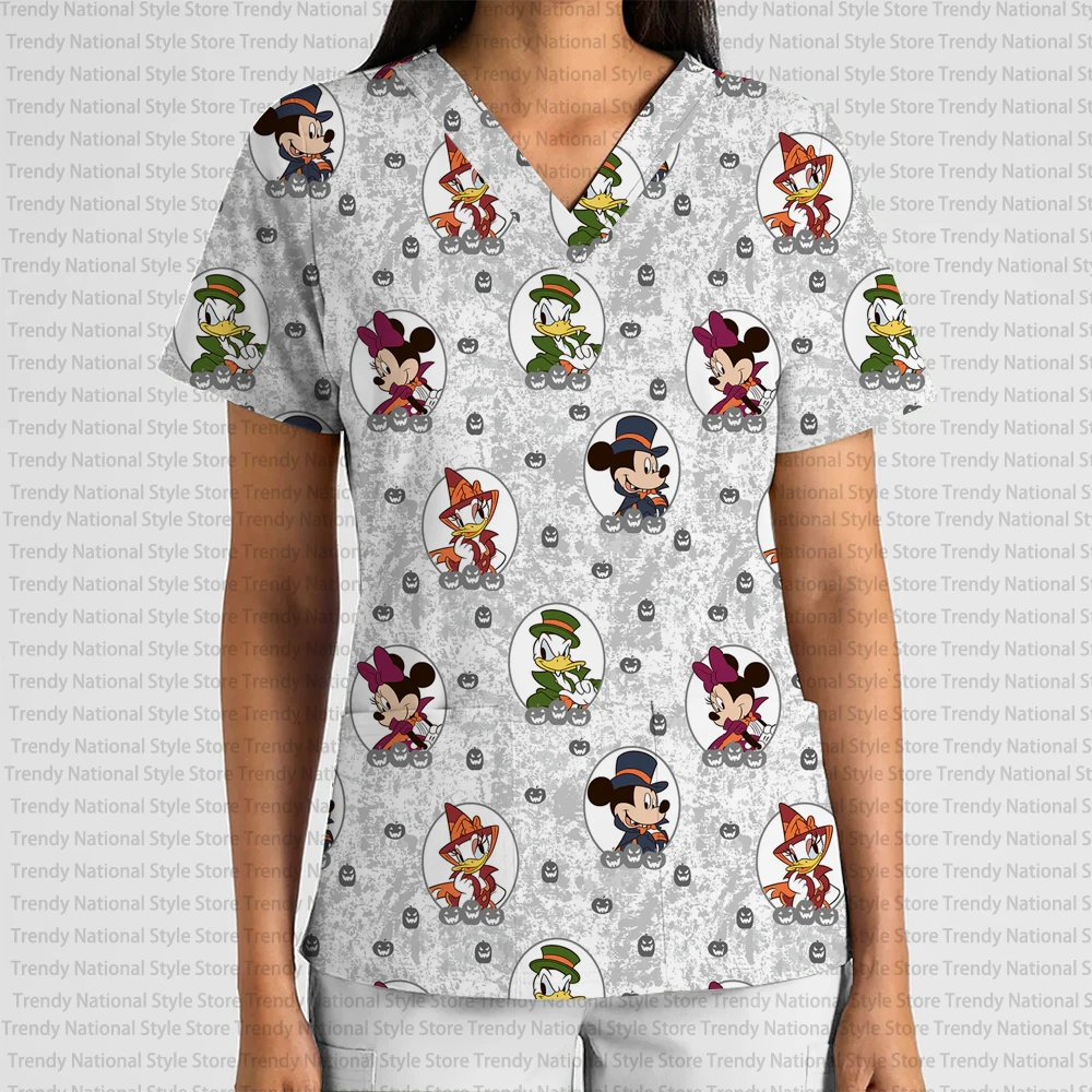 Halloween Pumpkin Head Disney Mickey Print V-Neck Pocket Short Sleeve Top Dental Pet Shop Beauty Salon Nurse Medical T-shirt