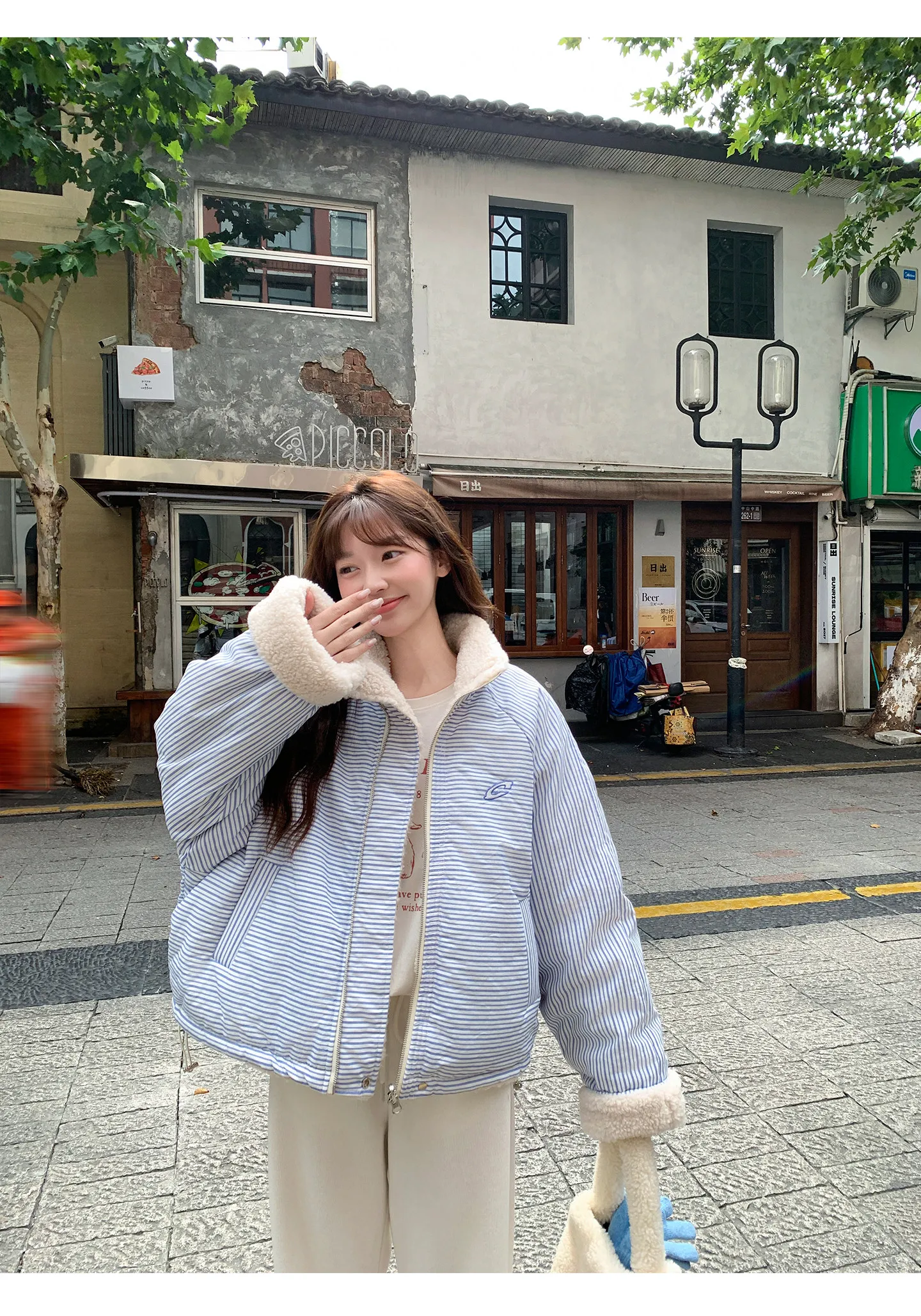 Korean Women's Reversible Striped Jacket Autumn Winter Stand Collar Fleece Lined Padded Coats Woman Loose Casual Plush Jackets