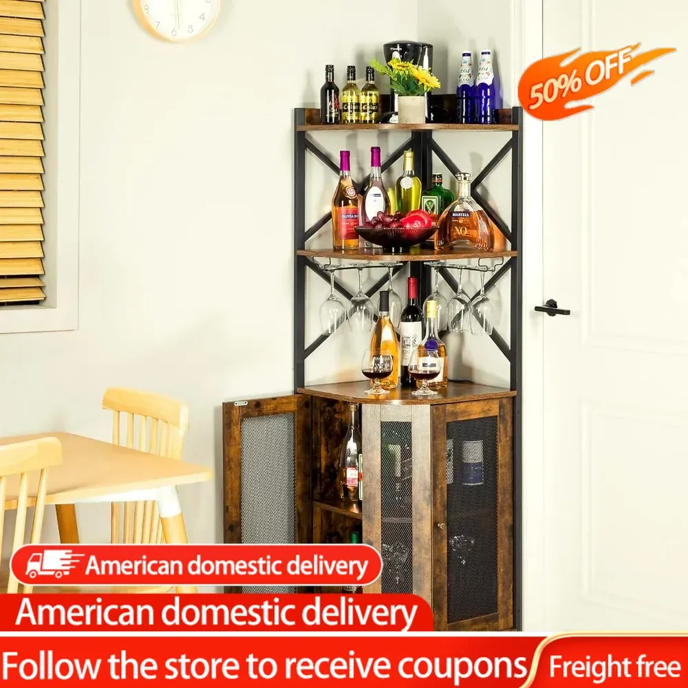 

Corner Bar Cabinet with LED Lights, 5-Tier Industrial Wine Bar Cabinet with Glass Holder, with Adjustable Shelf,