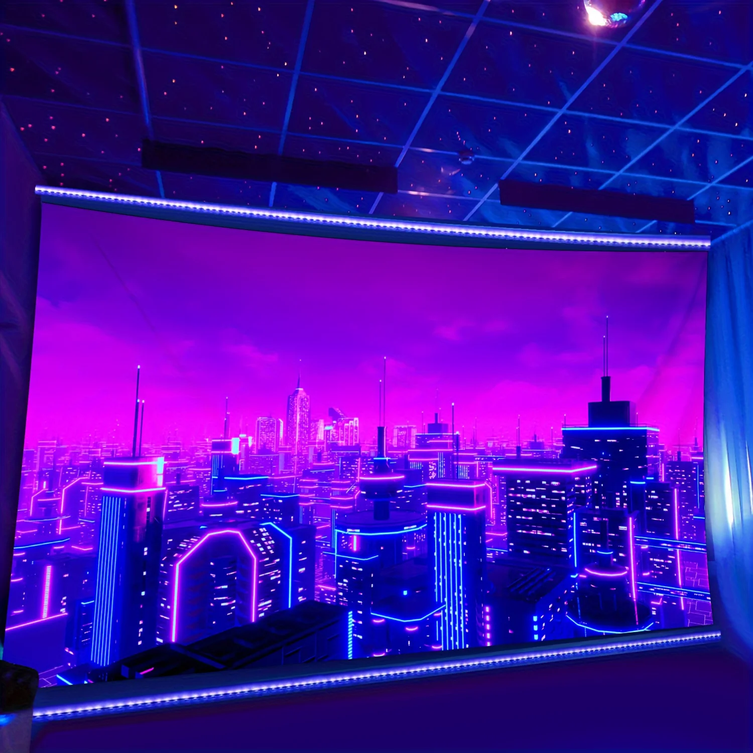 Neon Cityscape Tapestry: Futuristic, Vibrant, and Strikingly Modern Wall Art for a Stunning Urban Decor Statement