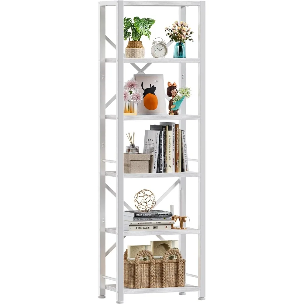 

Bookcase with 6 Shelves, Modern Freestanding Shelf Units, Metal and Wood Display Storage Corner Rack Organizer