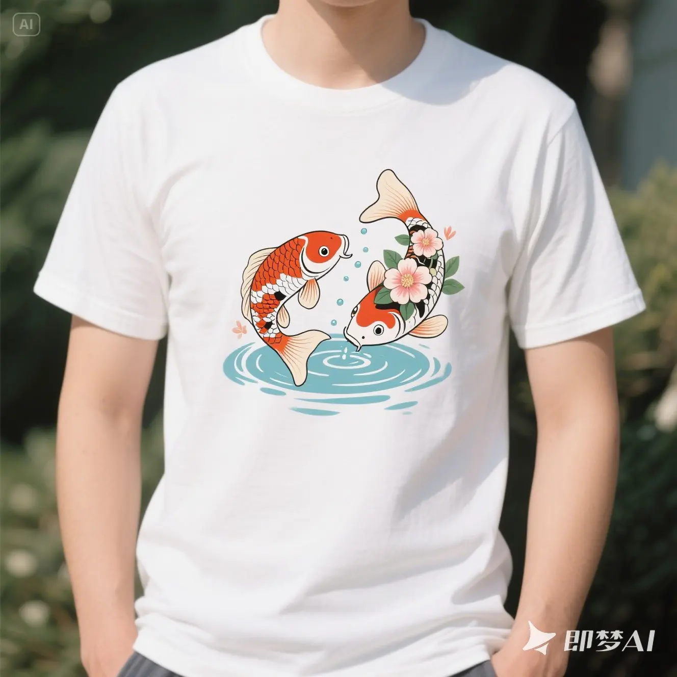 

Symbolize- Fish Get Water - Koi Fish with Flowers and Water T-Shirt 100% Cotton O-Neck Short Sleeve Summer Casual Mens T-shirt