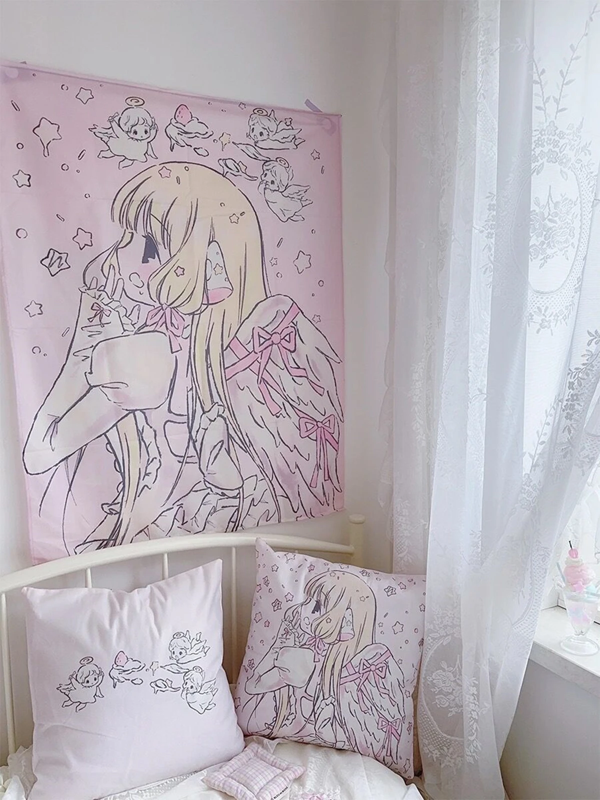 Tapeçaria de parede para decoração de casa, Kawaii Anime Pink Girl, fundo do quarto, bonito moda tapeçarias para senhora