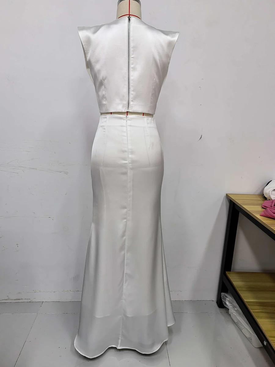 TWOTWINSTYL – ensemble deux pièces amincissant pour femmes, diamants épissés, col rond, gilet sans manches, taille haute, jupe longue, ensemble élégant