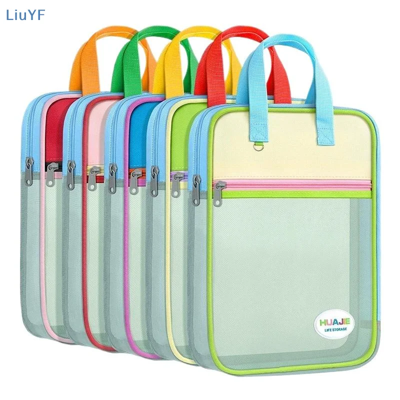 Student Handheld File Bag, Dopamine Color Tote, L-Shaped Zipper Mesh Folder, Exam Paper Storage And Subject Organizer