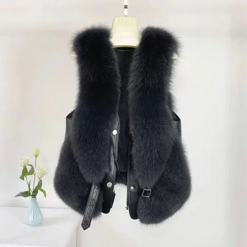 Faux Fur Waistcoat for Womens, Chic Splice Fox Coat Ladies Sleeveless Fur Vest Jacket, Slim Faux Fox Fur Outwear Vests, New