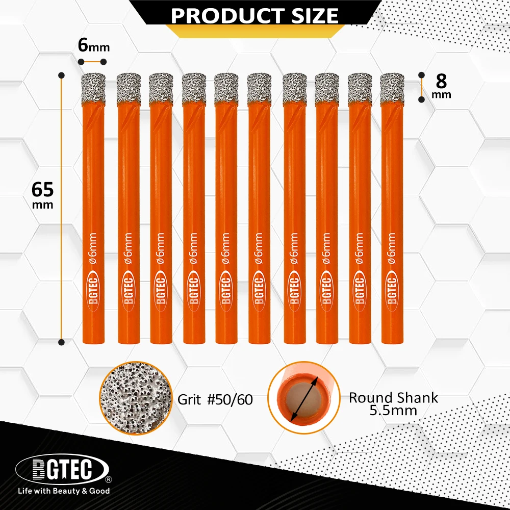 BGTEC 10pcs/set 6mm Round Shank Diamond Drill Bits Ceramic Tile Granite Marble Masonry Dry Working Vacuum Brazed Drilling Bits