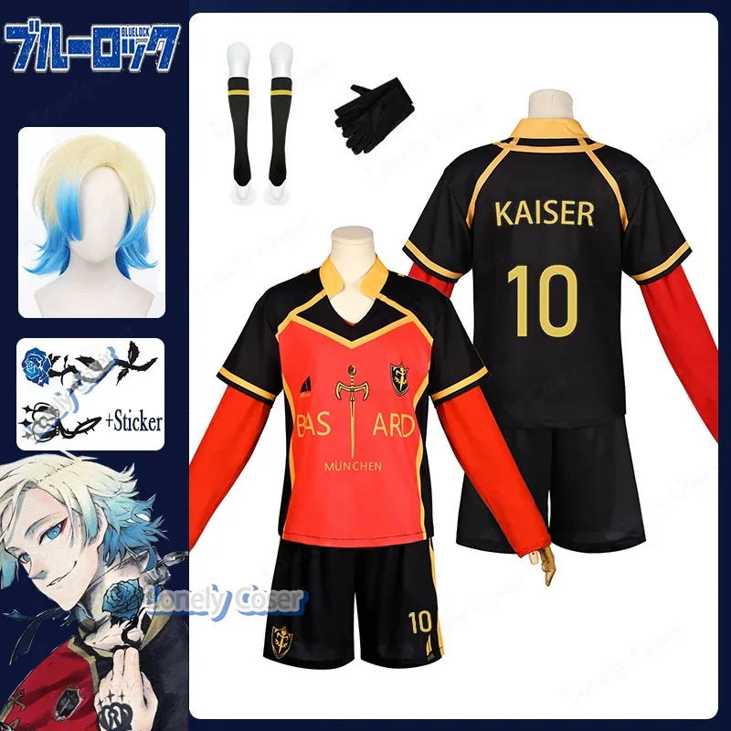 Michael kaiser cosplay traje anime azul bloqueio peruca equipe bastardo munchen no.10 alemanha camisa de futebol uniforme tatuagem adesivo