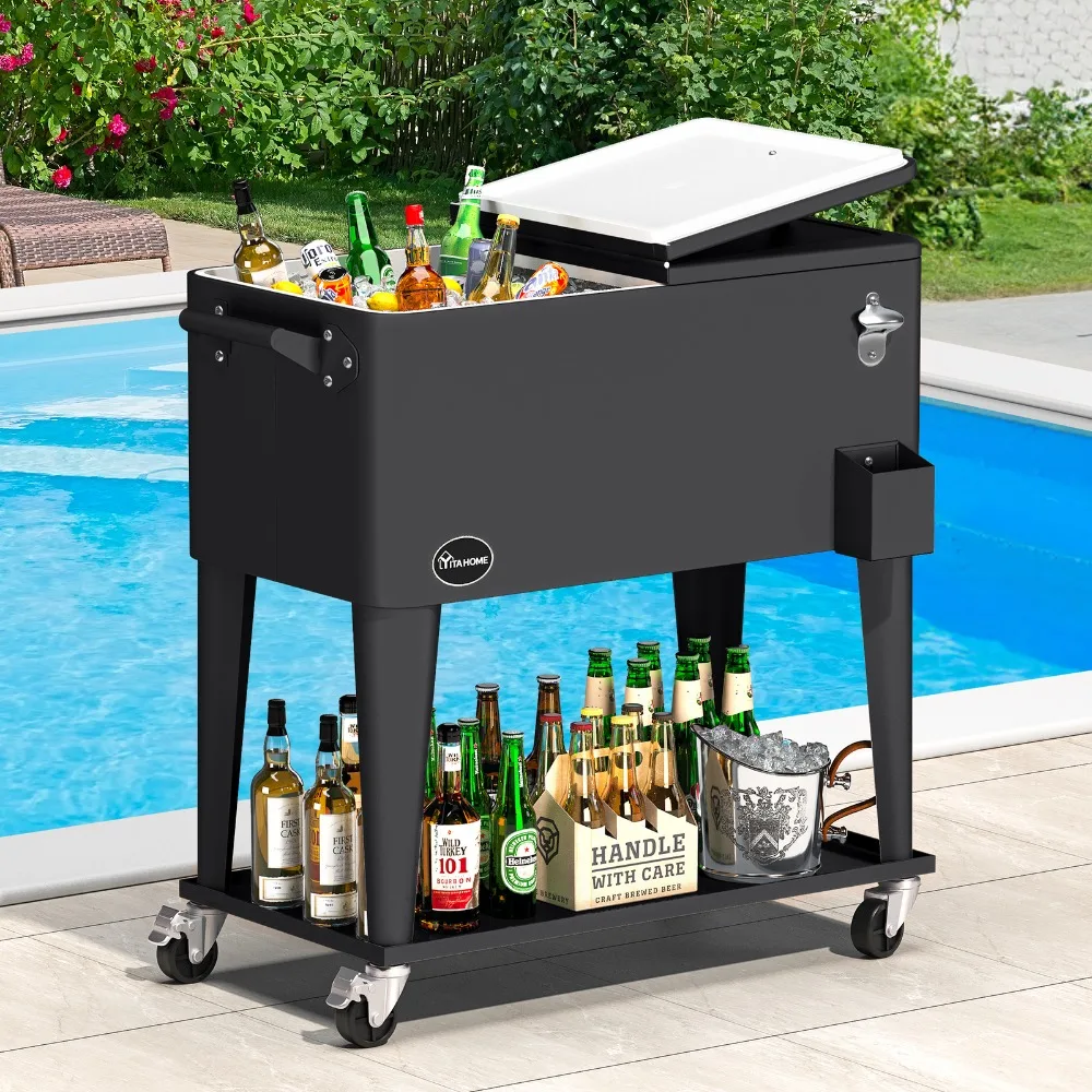

Outdoor Bar Cart Metal Cooler Storage Cabinet with Shelf Black 80 Qt