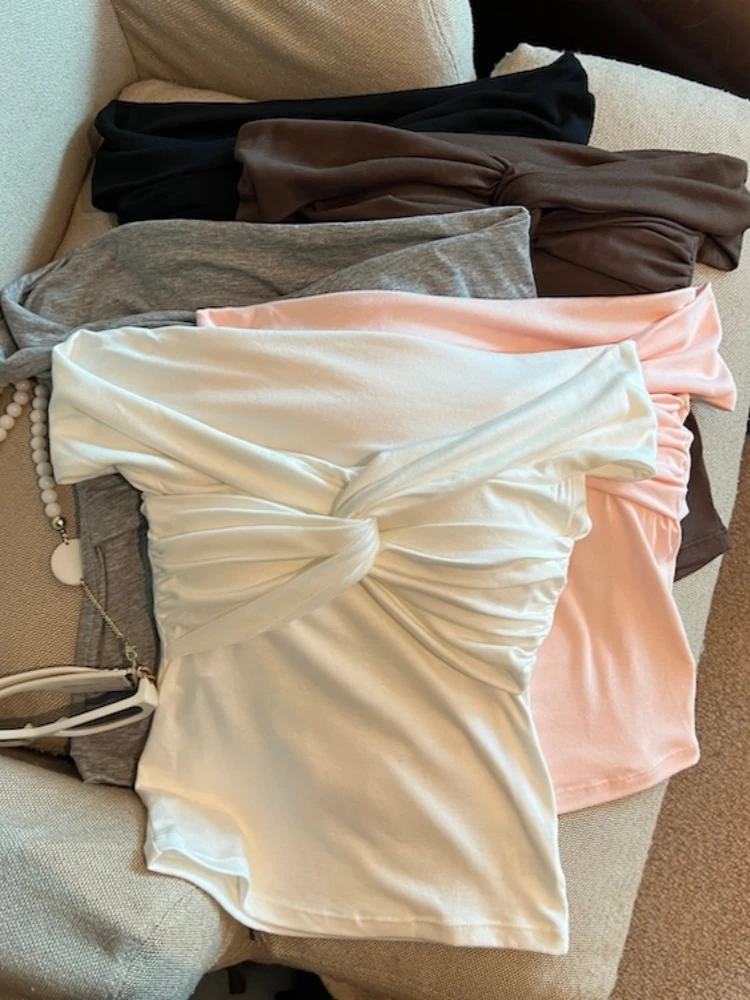 

Sweet And Spicy Shoulder Bared T Shirt Women's Summer New Style Pure Desire Wind with Chest Pad Short Sleeve Top