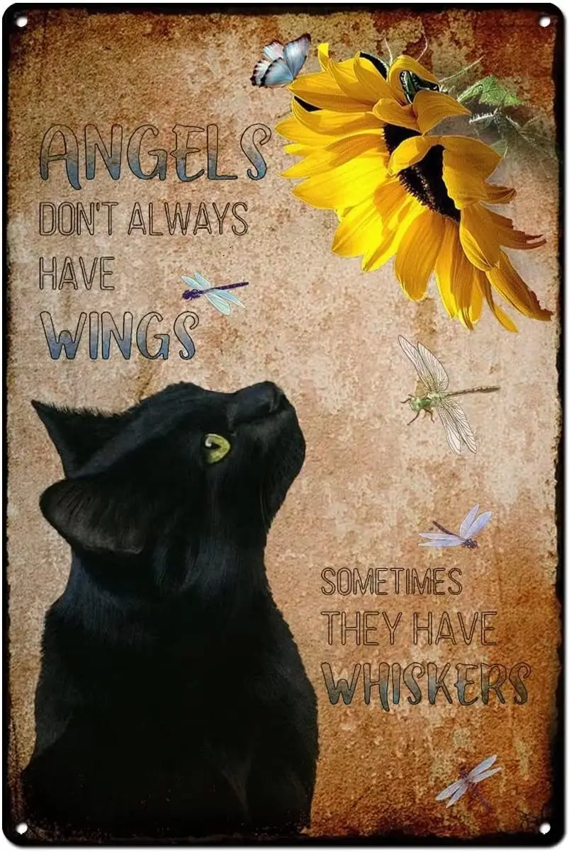 Metal Tin Sign,Angels Don't Always Have Wings Sometimes They Have Whiskers Vintage Floral Black Cat Lovers Gift Vintage Plaq