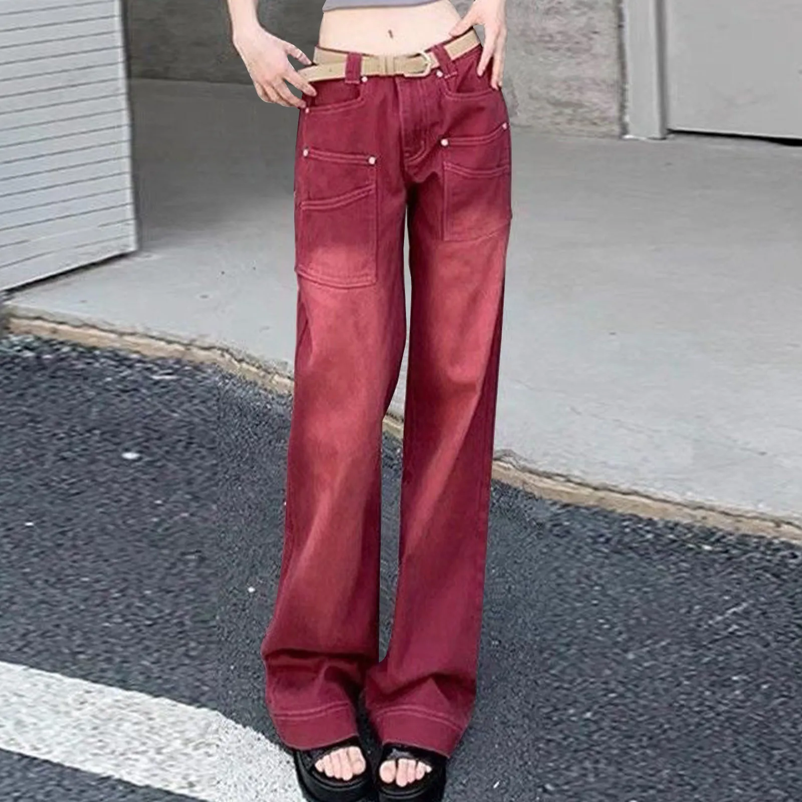 

Women's Fashion Skinny Fit Versatile Dragging Pants Casual Solid Colours Pockets Trouser Loose Wide Leg Straight Long Pants