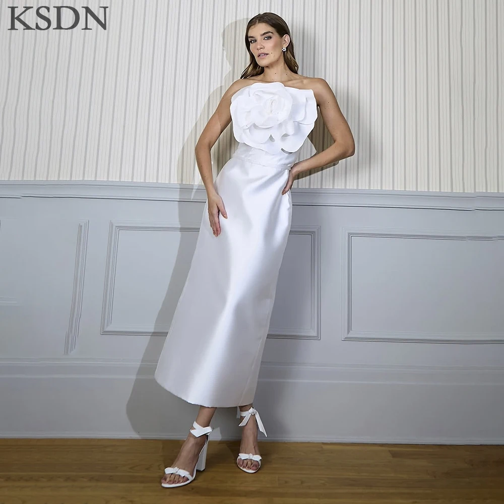 

KSDN Элегантные белые вечерние платья Роскошные без бретелек длиной до щиколотки с 3D цветами Платья без рукавов Атласное платье для особых случаев