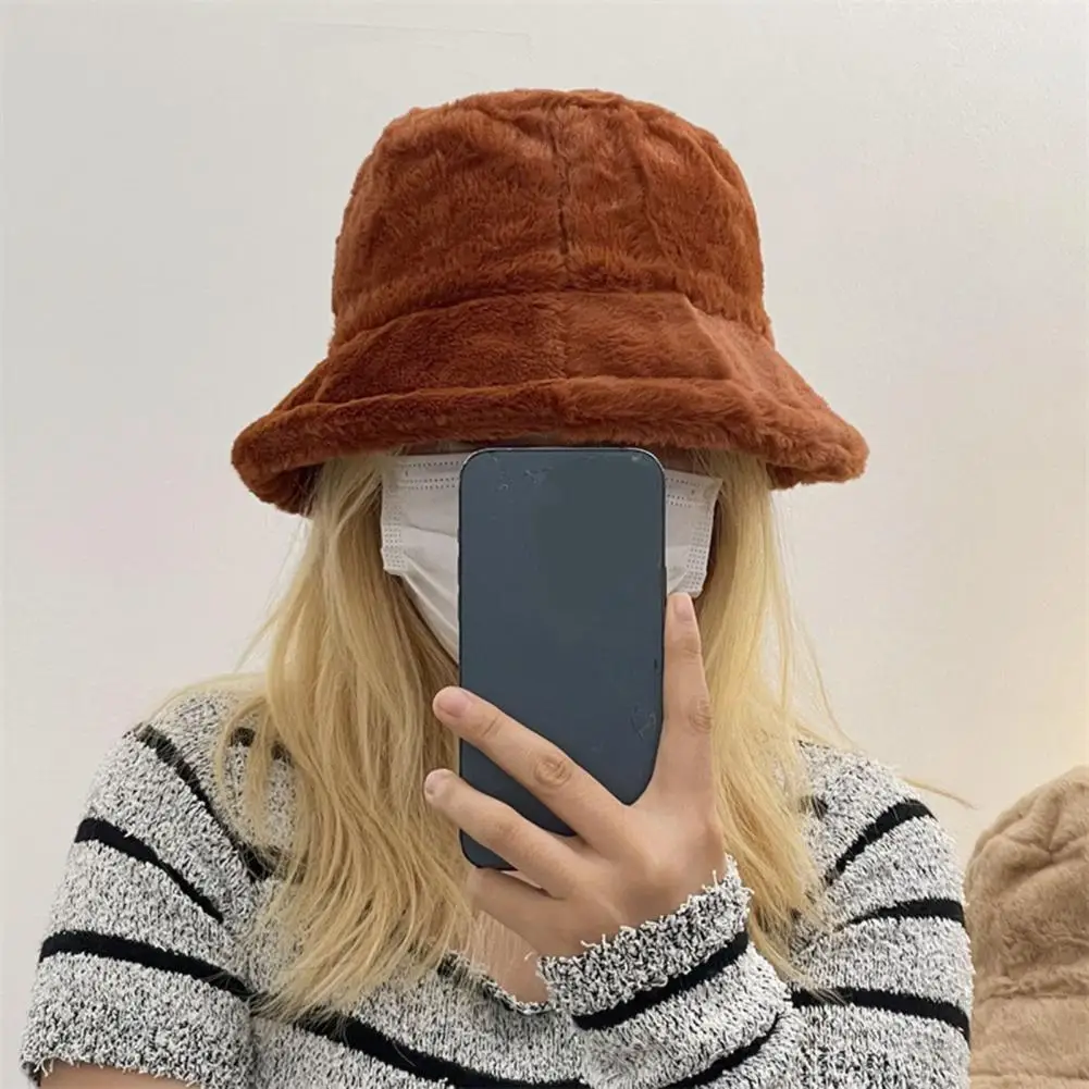 

Women Winter Fisherman Hat Wide Brim Solid Color Thick Plush Flat Top Windproof Warm Decorative Foldable Lady Bucket Cap