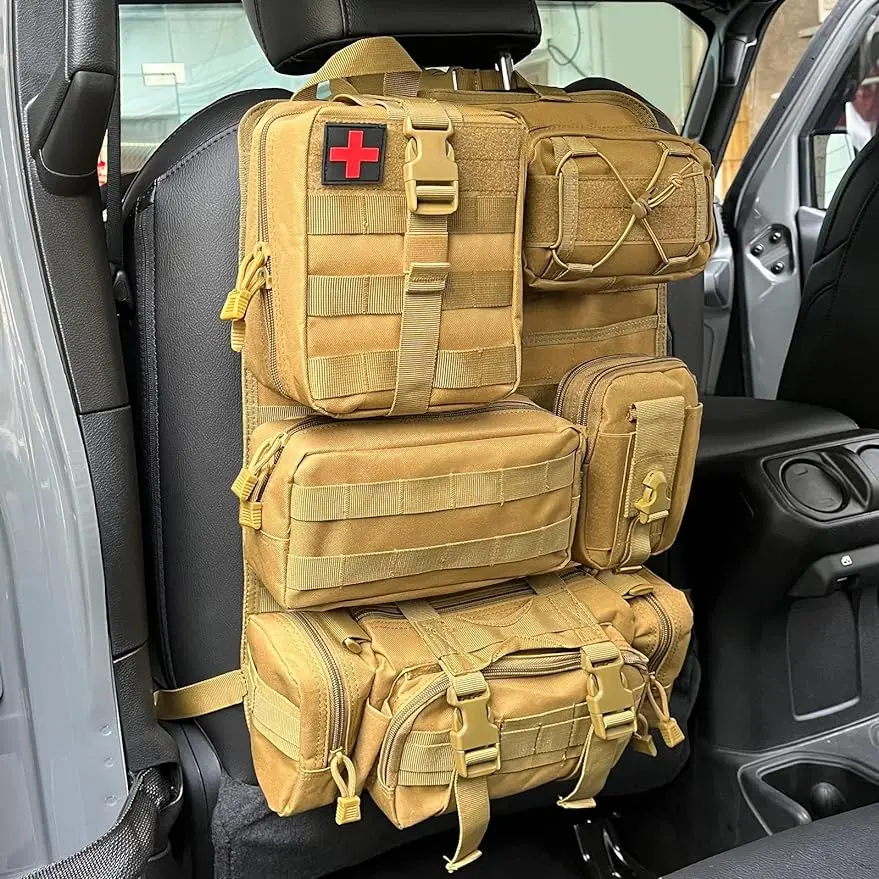 Tactical Car Seat Backrest Organiser Vehicle Panel with 5 Removable Molle Pockets Universal Fit for Most Vehicles, Mud Colour