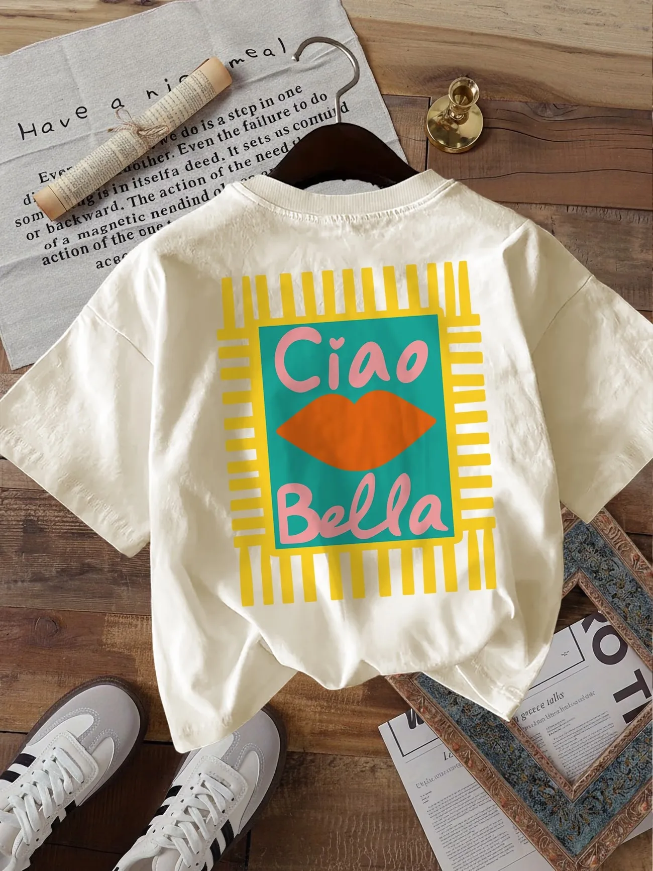 90s Ciao Bella Letter Print Y2k 100% Cotton Women's T-Shirt Soft Crew Neck Short Sleeve Top Graphic Tee Shirt