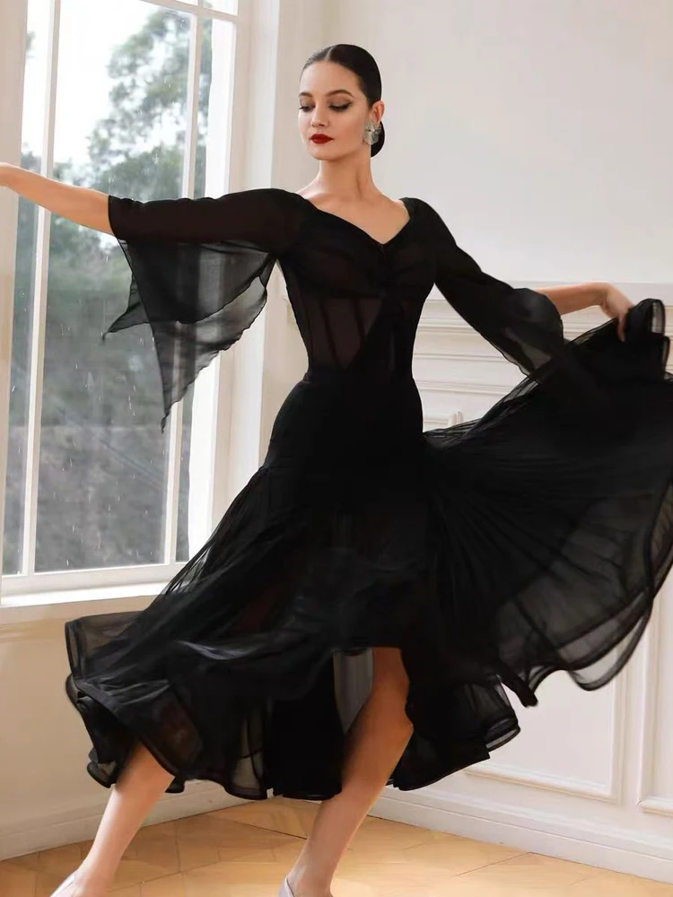 Stroje do tańca towarzyskiego dla kobiet na zawody 2025, z siateczkowymi rękawami, szerokie spódnice, garnitur dla dorosłych, walc, kostiumy do tańca nowoczesnego DQS21521