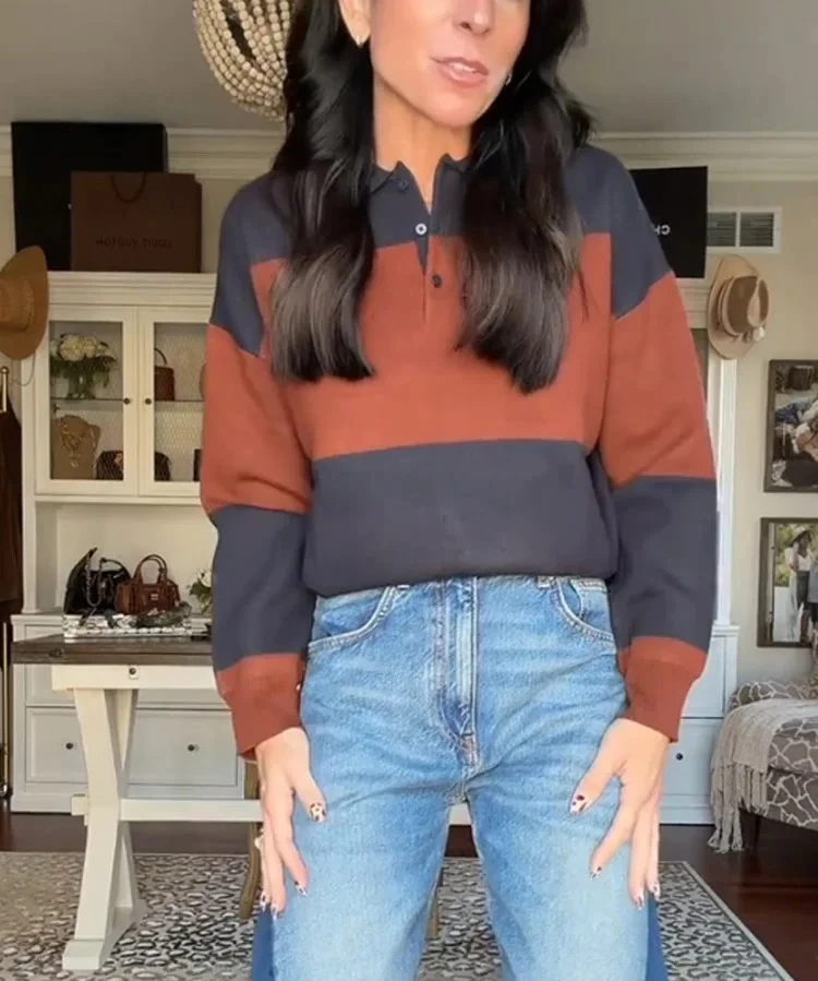 

Модный полосатый вязаный пуловер с воротником-поло, женский универсальный повседневный свитер для поездок на работу, пуловер