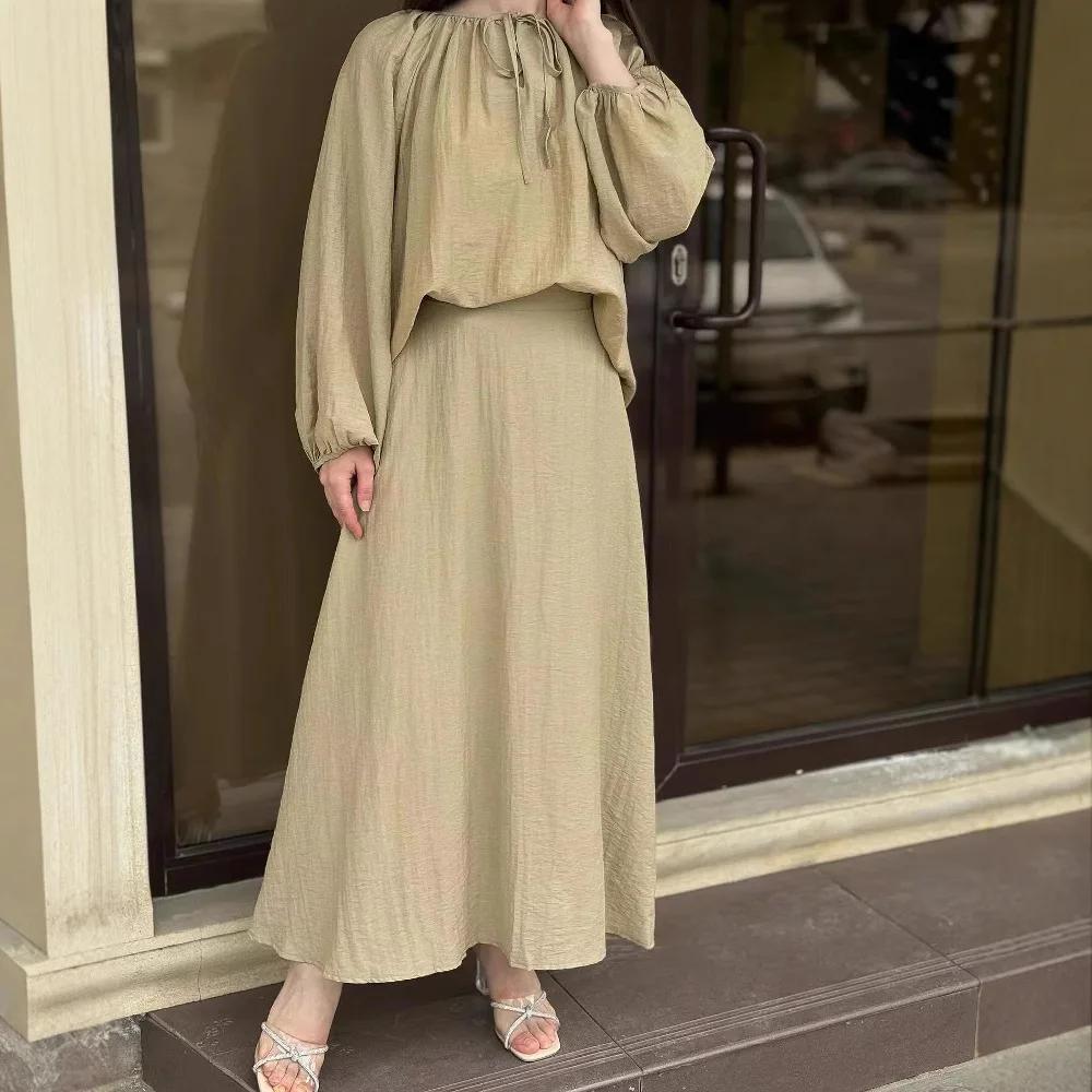 

Casual Solid Color 2 Piece Set Loose O-neck Lace Up Puff Sleeve Top A-line Long Skirt Set Autumn Fashion Commuter Women Clothing