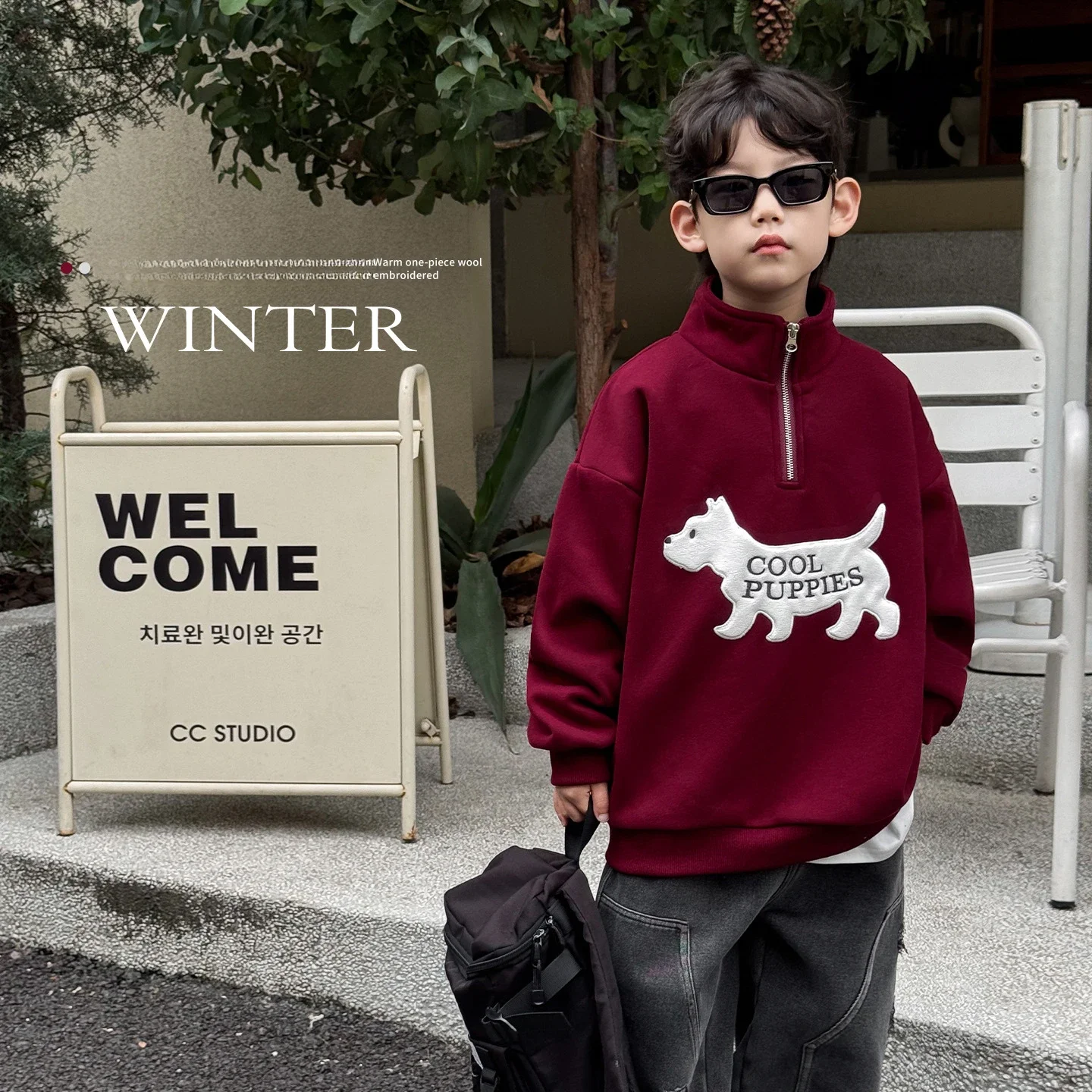 Kid Hoodie 2024 Children Winter Children Wear Korean Style Puppy Embroidery Integrated Cashmere Zipper Boy Fashion Hoodie Top