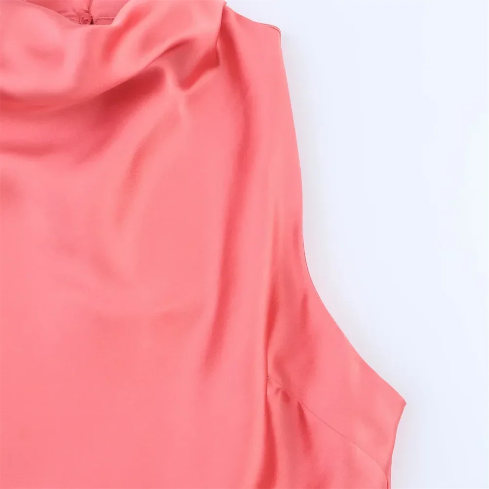 Summer New Arrivals Women's Sleeveless Temperament Straight Pure Color Satin Textured Midi Dress