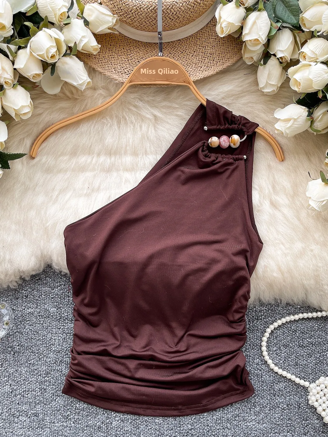 Design Sense perle bouton évider oulder femmes ort Sve haut été plissé coupe ajustée gilet trajet Sle Faion