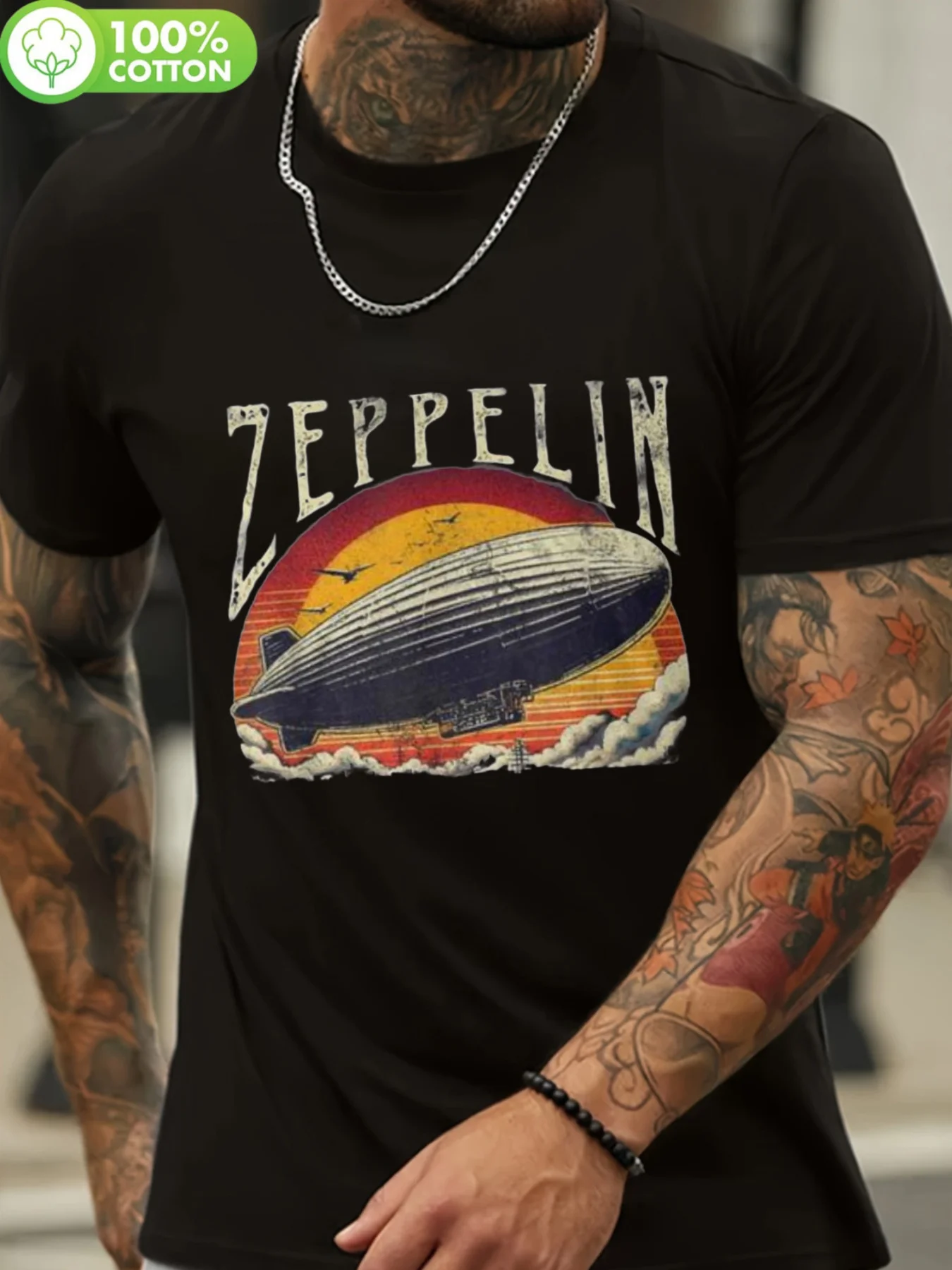 Men's Retro Zeppelin Graphic T-Shirt - Vintage 70s 80s Hot Air Balloon Design, Black Cotton Crew Neck, Breathable and Comfortable Fit for Casual Wear, Outdoor Activities, and Fitness, Casual Wear Tee | Vintage Graphic Tee | Comfortable Fit Tee