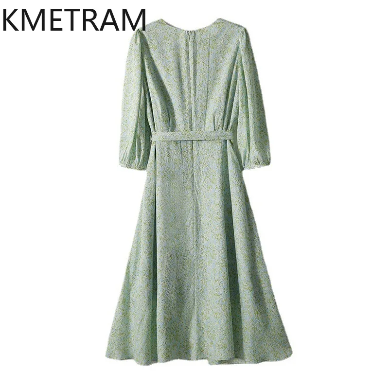 KMETRAM High-end Mulberry Silk Dress for Women 2024 Refreshing Lantern Sleeves Dresses Summer Mid-length Women's Clothing New