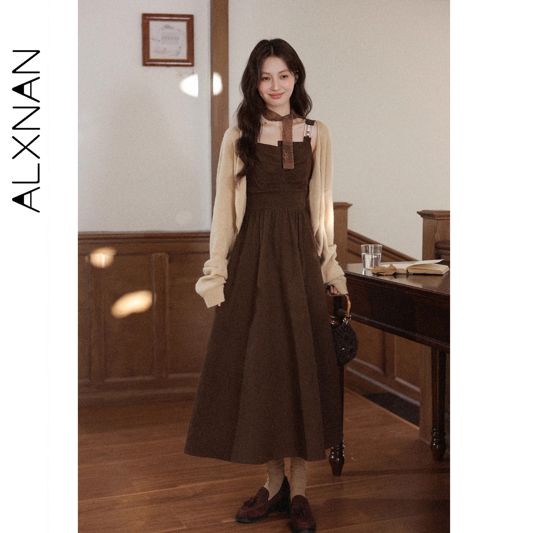 

ALXNAN Plus Size Brown Sleeveless Dress Women Long Beaded Strap Waist Dress 2025 Fall Holiday Casual Female Dresses D12327-1