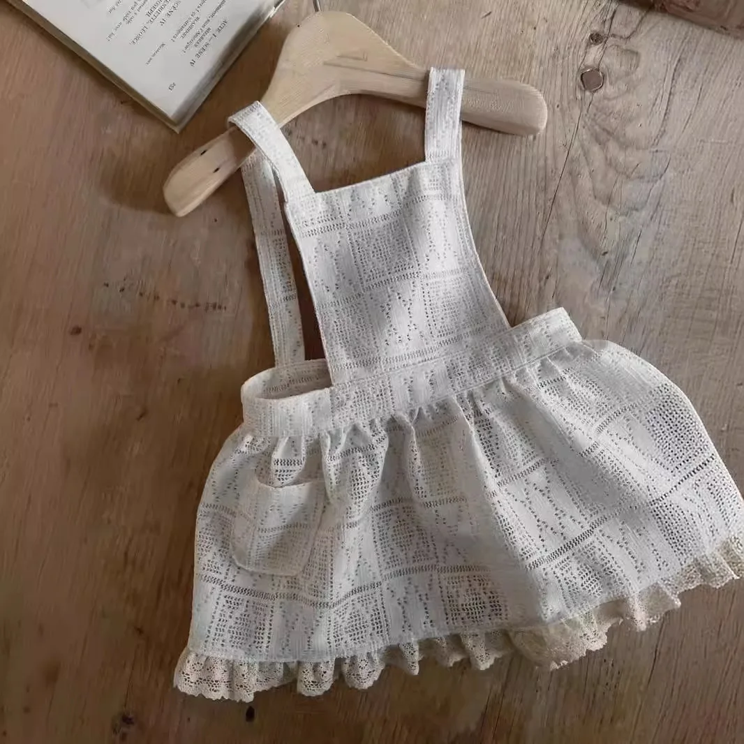 Baby Clothing 2024 Spring and Autumn Lace Square Plaid Hollow-out Sundress Girls Baby Blouse Fashionable Sweet Suspenders Skirt