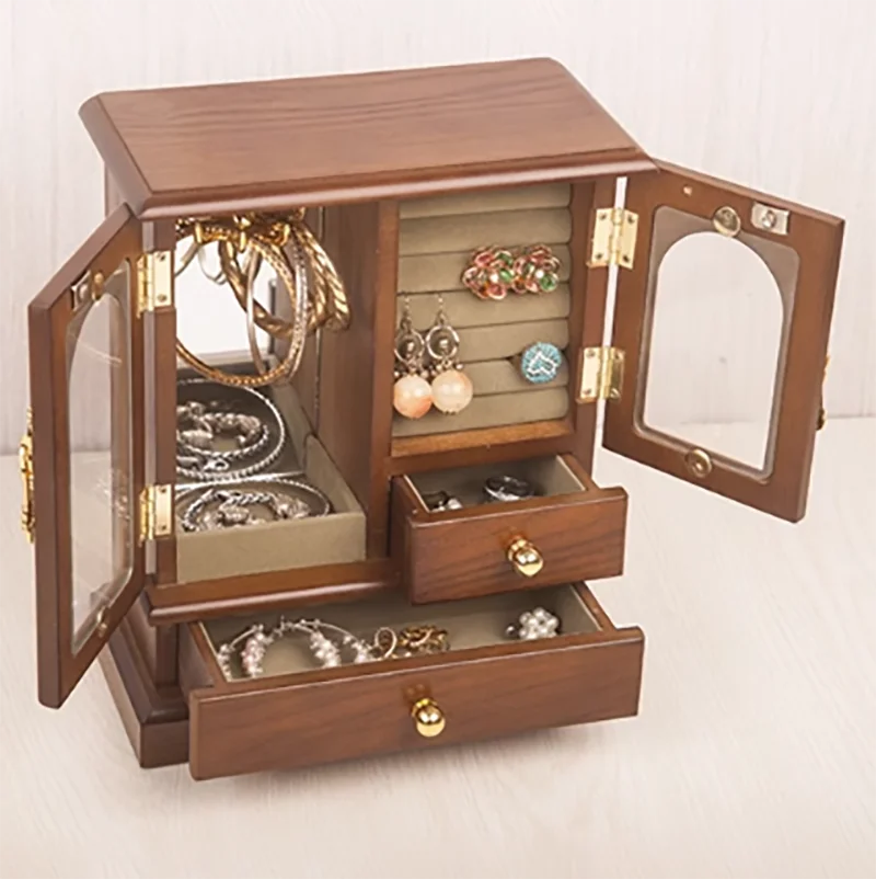 Wood Jewelry Box Drawer Ring Bracelet Earrings Jewelry Boxes Organizer Necklace Display Stand Portable Small Accessories Storage