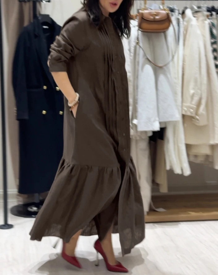 Casual Long Sleeve Button Down Slit Shirt Dress,Button Down Style with Pleated Detailing and Side Slit,Perfect for Various Daily