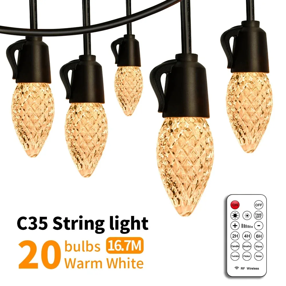 15M 20 LED String Lights Outdoor Waterproof String Lights Remote Control Dimming for Garden Bedroom Party Decoration