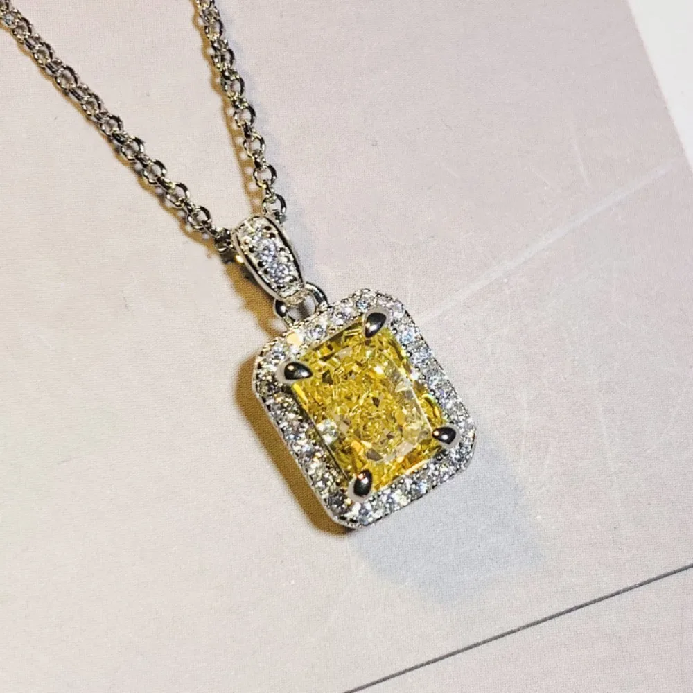 Exquisite Radiant Halo Setting Cut Design Yellow High Quality 5A Zircon Pendant Necklace for Women Silver Color Luxury Jewelry