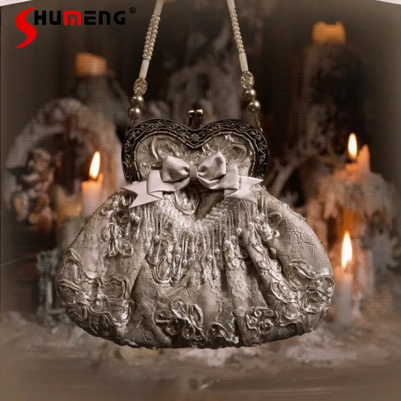 French Style Unique Design Elegant Chic Antique Mini Beading Y2k Handbag One Shoulder Portable Heart Disc Embroidered Bag Female