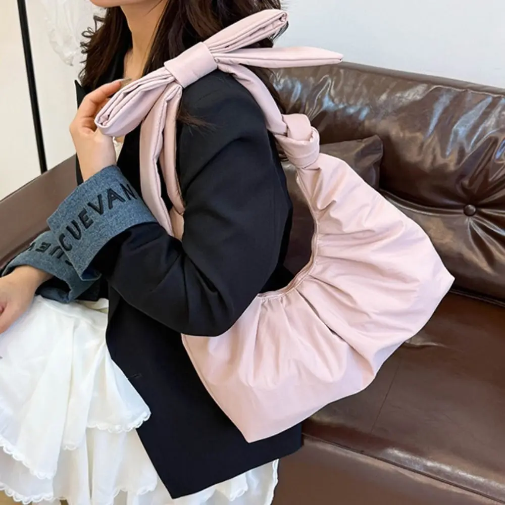 

Elegant Sweet Pleated Bow Tote Bag Korean Style Pure Color Nylon Dumplings Bag Bowknot Minority Design Handbag Girls