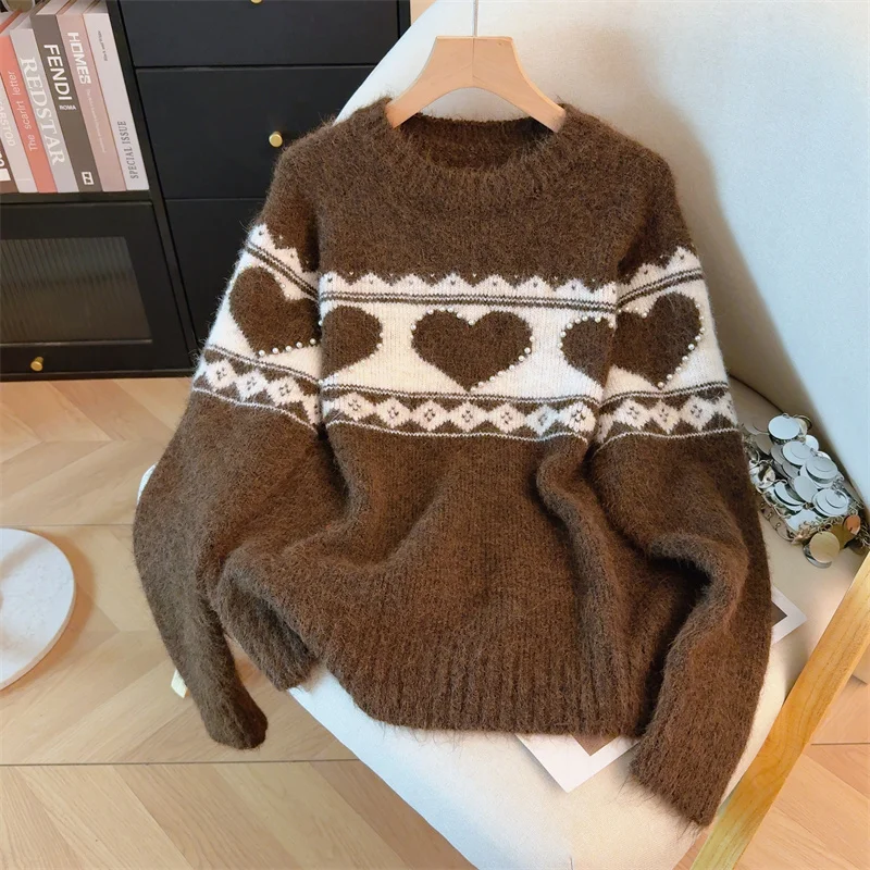 Red Christmas New Year Round Neck Sweater Woman With Love Beading Autumn Winter Soft Thicken Knitted Top Clothes