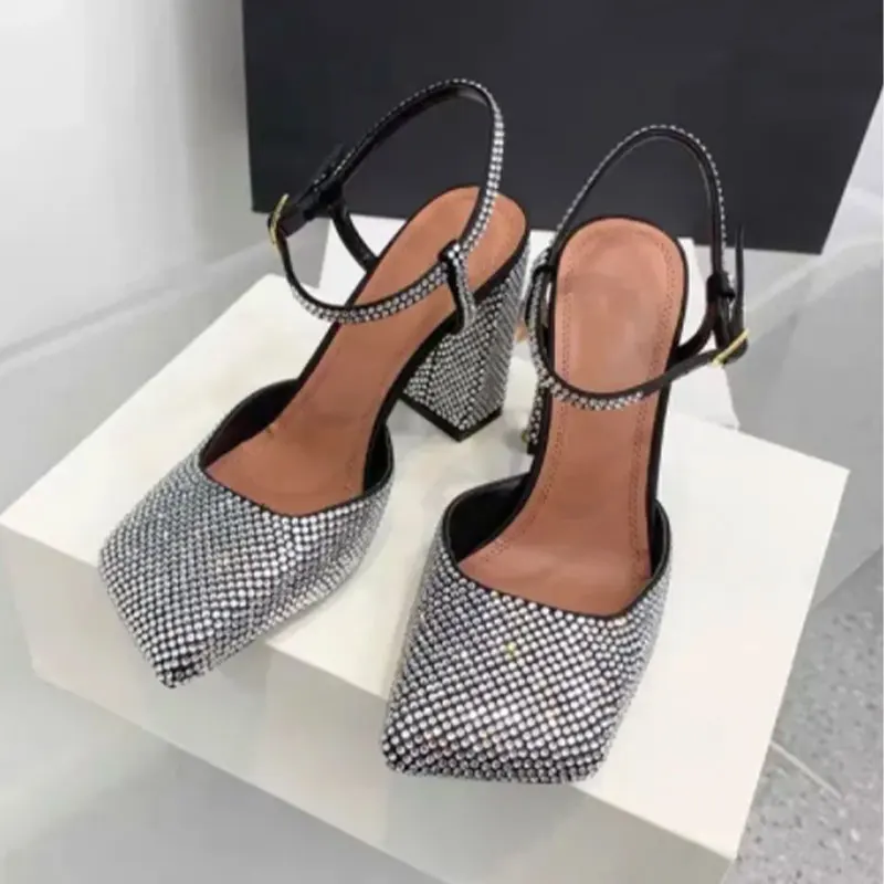 

Mary Jane Square Head Shallow Mouth Ultra High Thick Mouth Back Strap Buckle, Sardine Rhinestone Comfortable Single Shoes