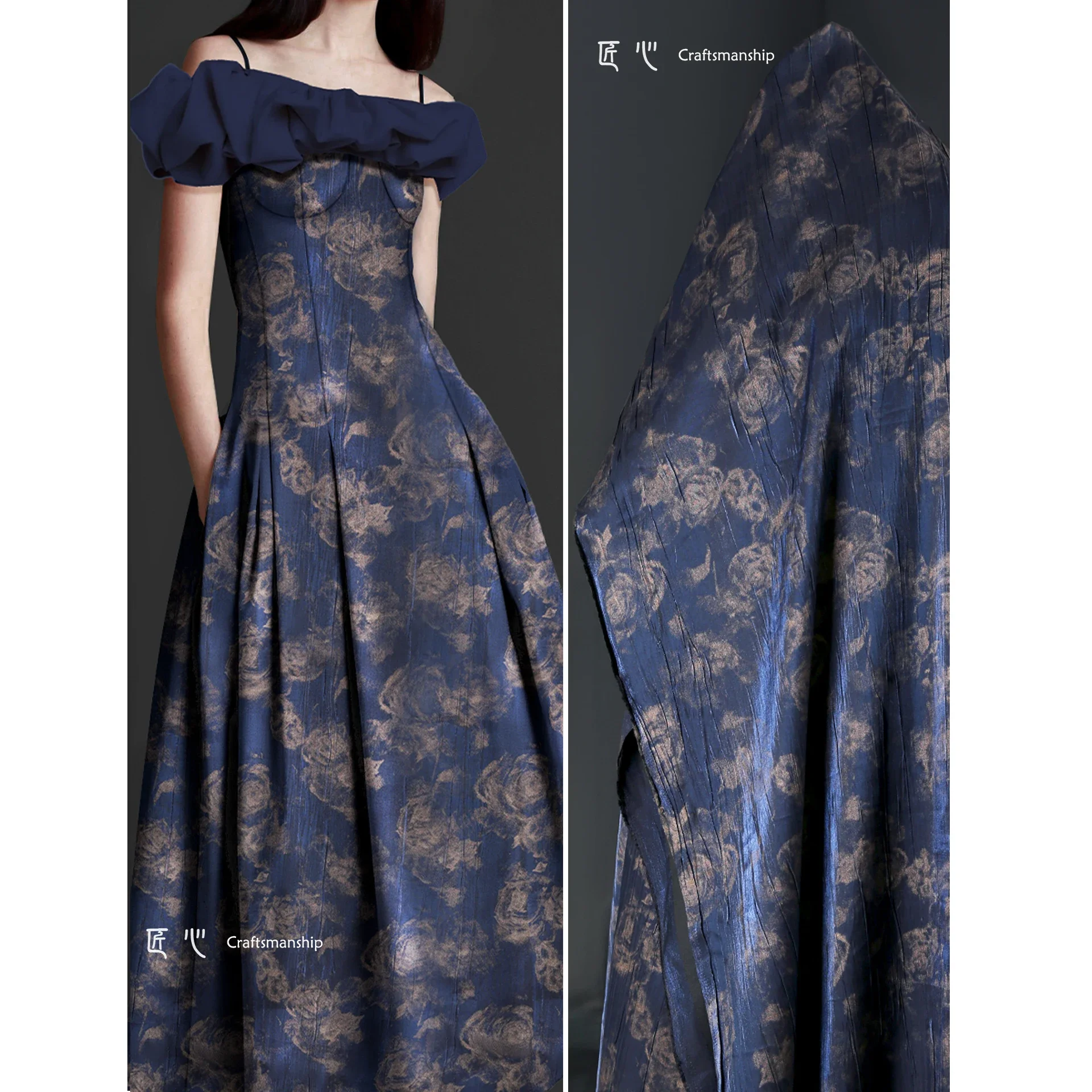 Sapphire blue rose bronzing pleated composite texture reconstruction retro literary dress jacket clothing designer fabric