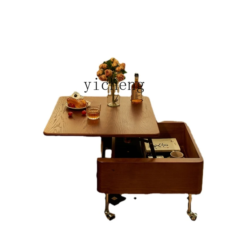 

Zws Mid-Ancient Tea Table Living Room Home Square Solid Wood Adjustable Wheeled Dining Table