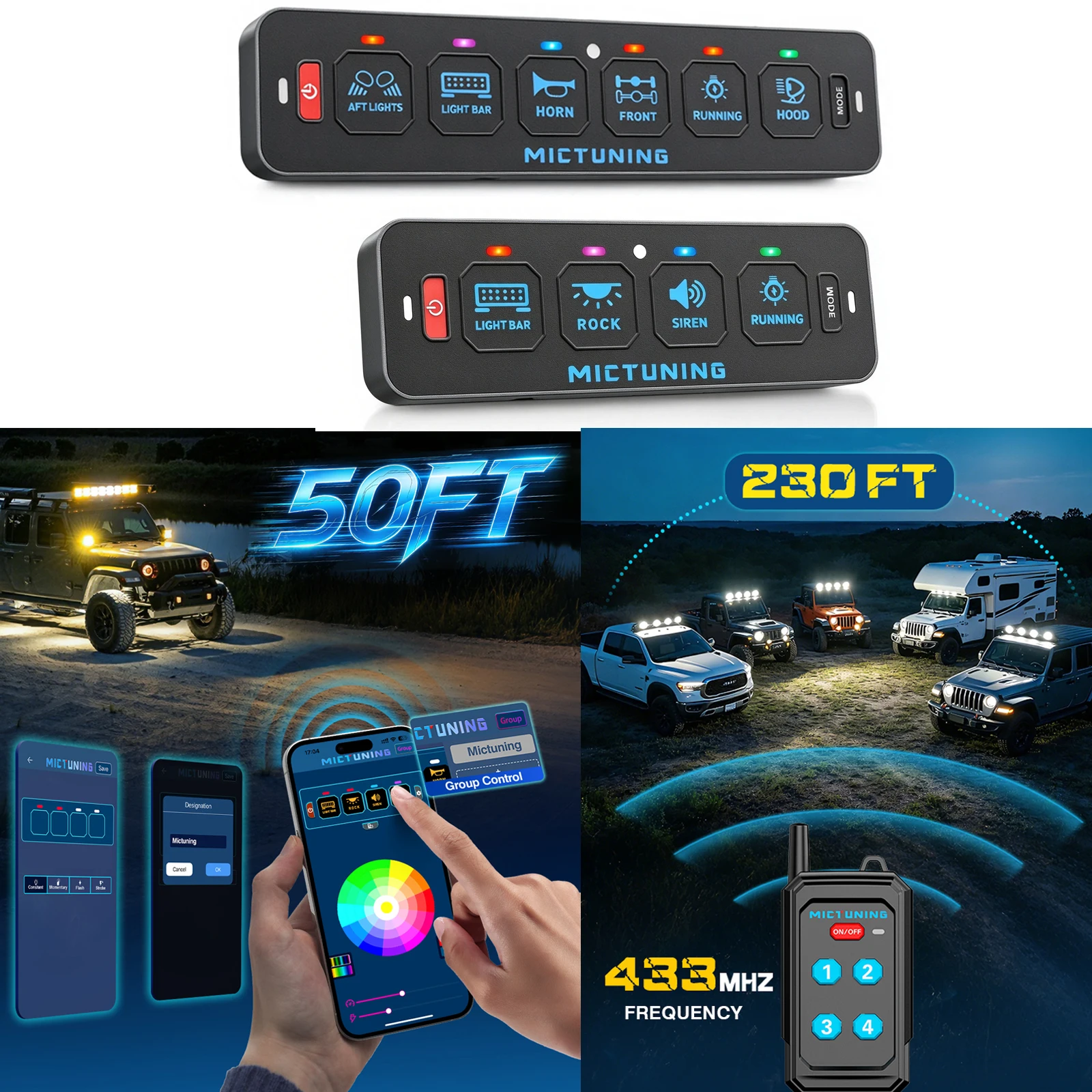 MICTUNING RGB 4/6 Gang Switch Panel with APP & Remote Control 4 Modes 230FT Range  12V/24V  Waterproof  for Car Offroad SUV