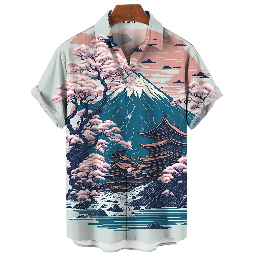 Hawaiian Shirts For Men Landscape Print Beach Short Sleeve Tops Blouse 2024 Oversized Shirt Mens Designer Clothes High Quality