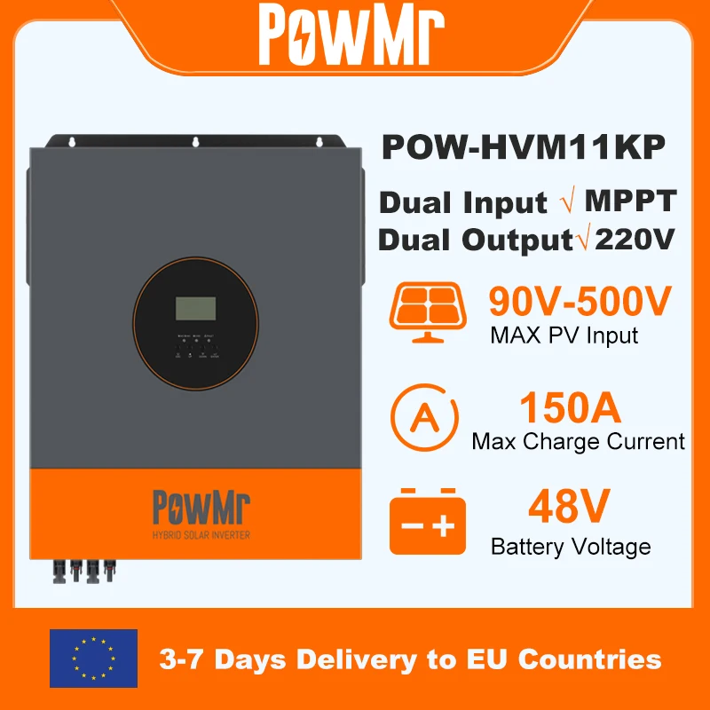 PowMr 11KW Inverter solare ibrido 48V 220V On Off Grid Inverter con caricabatterie MPPT 150A Funziona senza batteria parallela Fino a 9 pezzi