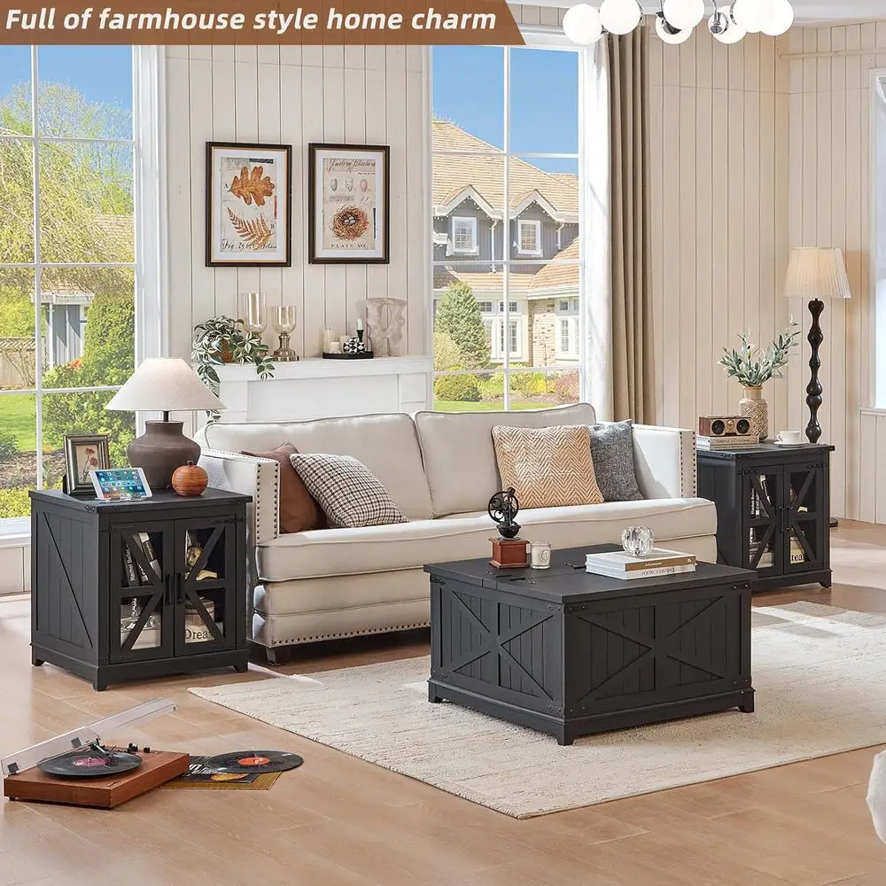armhouse Coee Table Sets 3 Pieces, Large End Side Tables with Charging Station and Coee Table with Hidden Storage Comparent, Bla