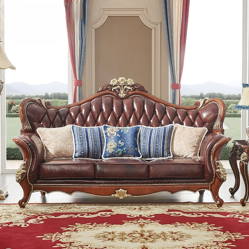 

Luxury European leather sofa combination 123 imported leather sofa neoclassical solid wood carved furniture