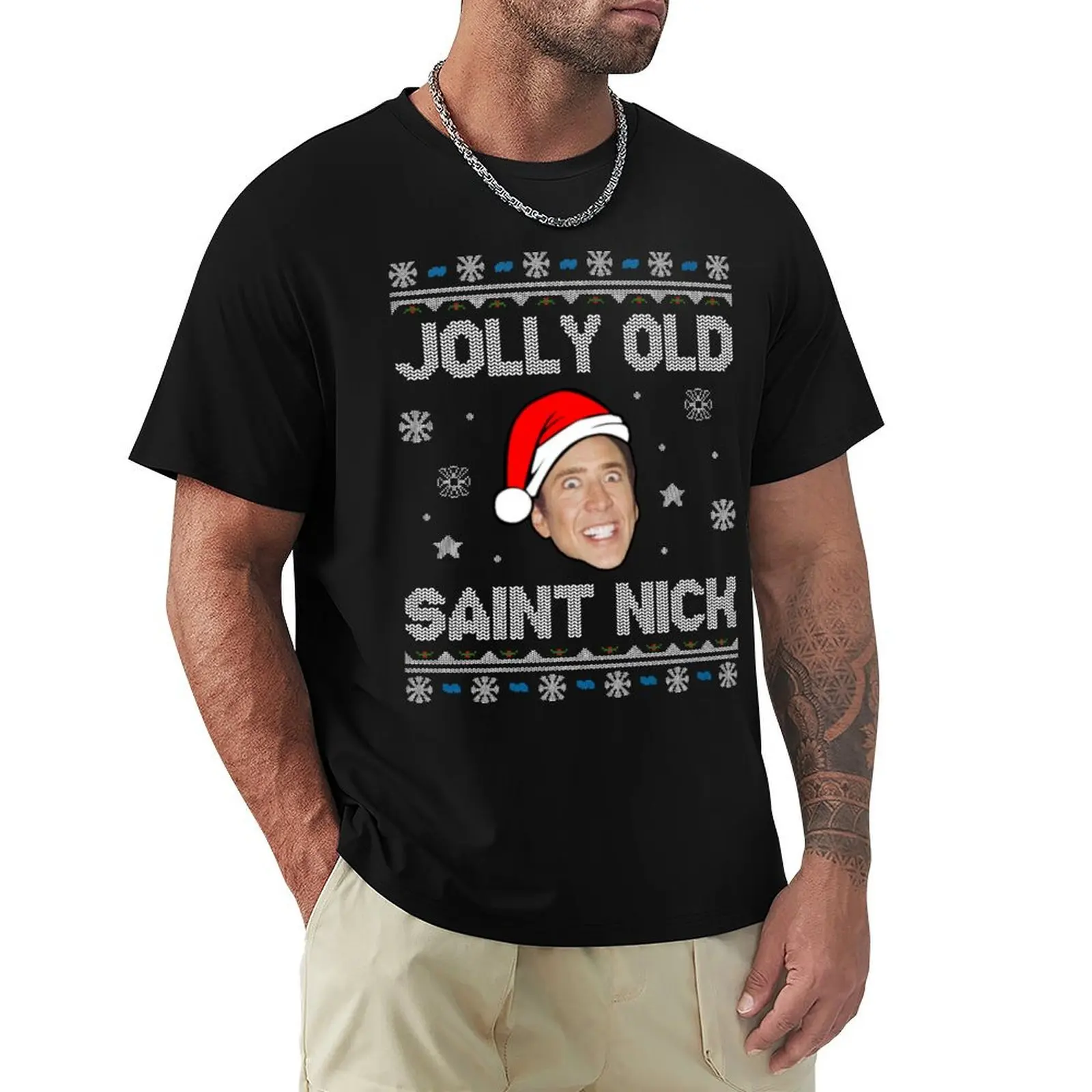 Jolly Old Saint Nick Nicolas Cage Christmas T-Shirt Novelty Print Casual Tee Shirt