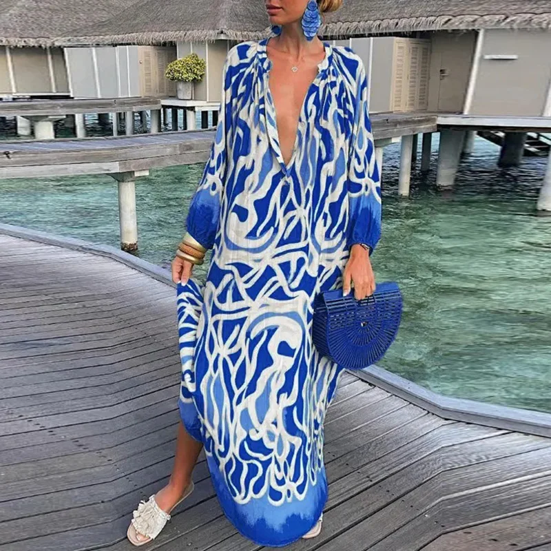 Summer Sexy V Neck Long Sleeve Party Dress Women Elegant Print Vintage Print Maxi Dresses For Women Fashion Long Dress Bobo