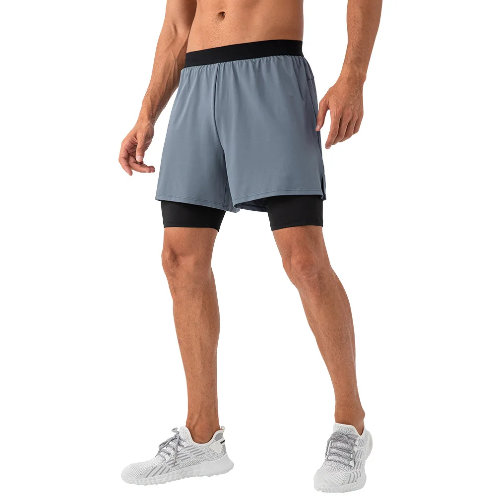 Pantalones cortos de gimnasio de secado rápido para hombre, pantalones cortos de entrenamiento de fitness para correr, ajuste suelto, doble capa, transpirable, alta elasticidad, absorbe el sudor