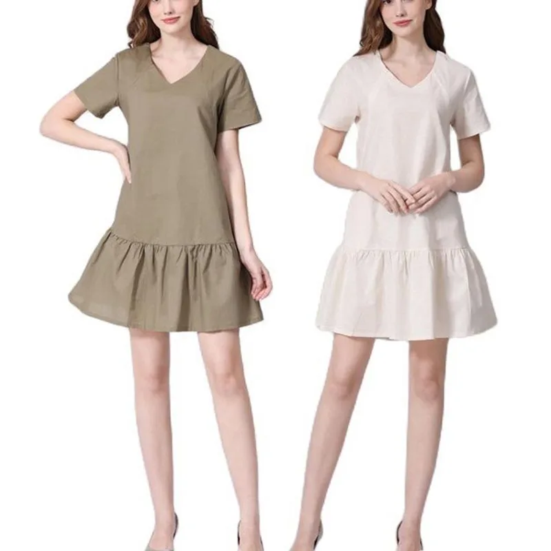 

Summer Plus Size Maternity Dress Fashionable Casual Short Sleeve Cotton Linen Nursing Dress Hidden Opening Loose Fit