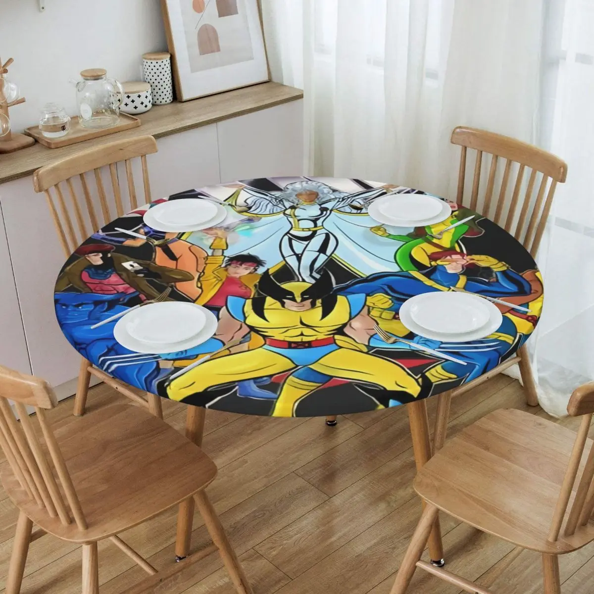 Custom Round Waterproof Oil-Proof Disney X-Men Marvel Film Tablecloth Backed Elastic Edge Table Cover 45